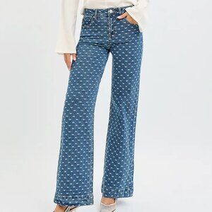 RISEN High Rise Wide Leg Bow Embroidered Jeans